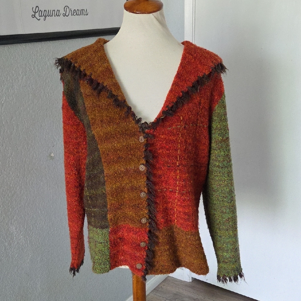 NorthStyle Patchwork Hooded Button Cardigan in Rust, Olive & Brown XL